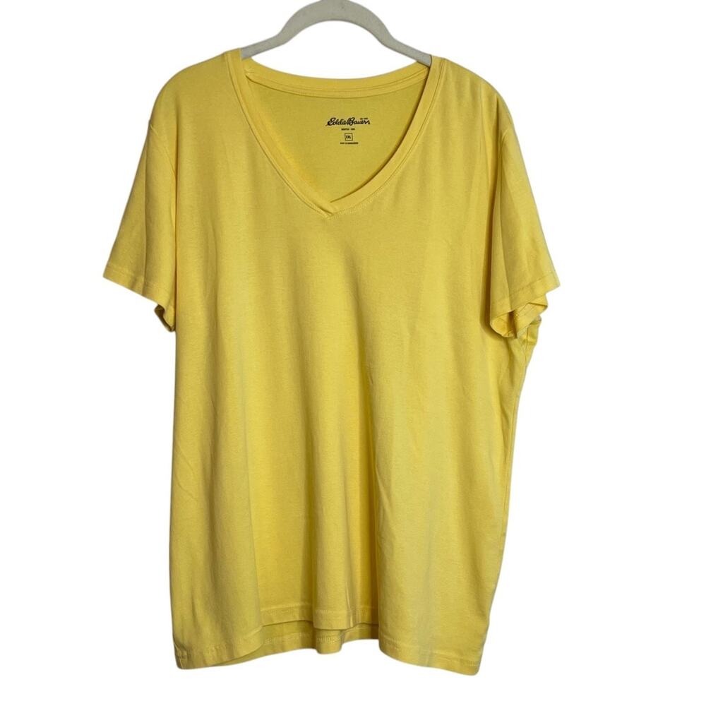 Eddie Bauer Womens V-Neck Tee XXL Yellow Cotton Modal Blend Short Sleeve